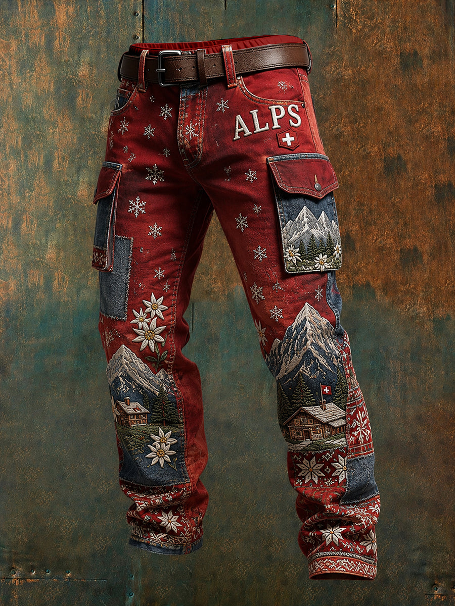 Herren-Flanellhose mit Blumen-Patchworkmuster für den Schneeberg