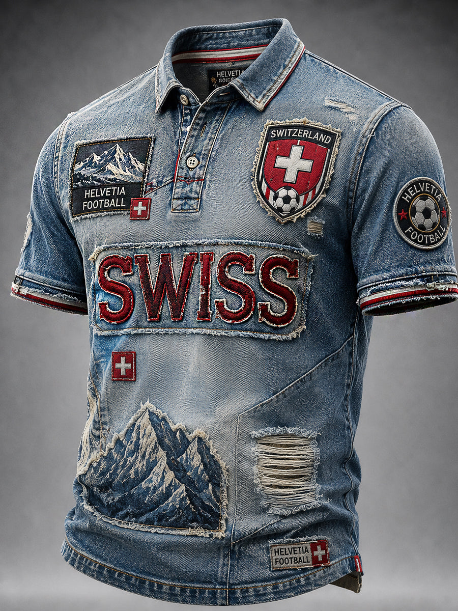 Retro-Schweizer Fußball-Fan‑Art‑Print lässiges Poloshirt