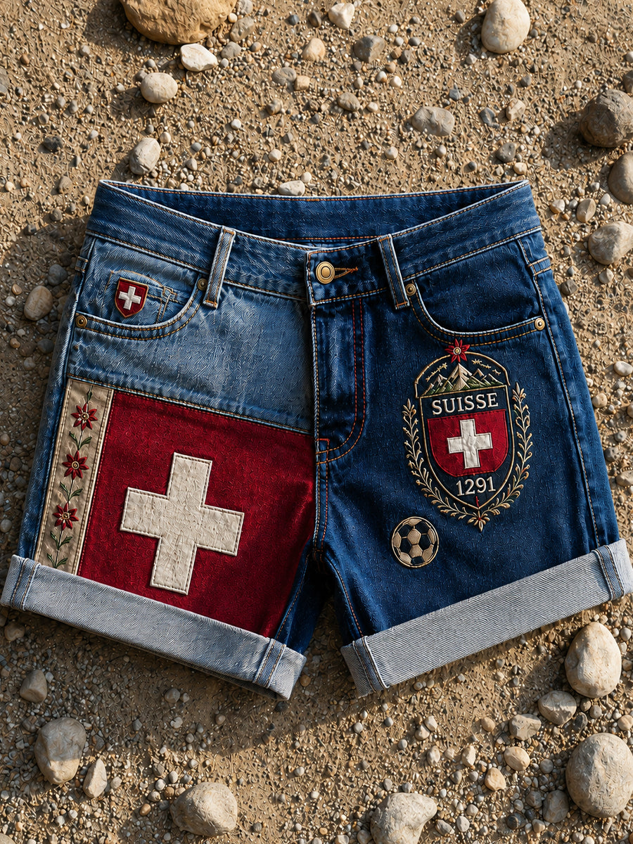 Retro-Schweizer Fußball-Fan‑Art‑Print lässige Jeans