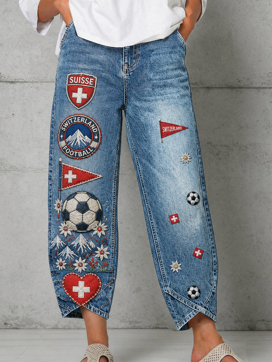 Retro-Schweizer Fußball-Fan‑Art‑Print lässige Jeans