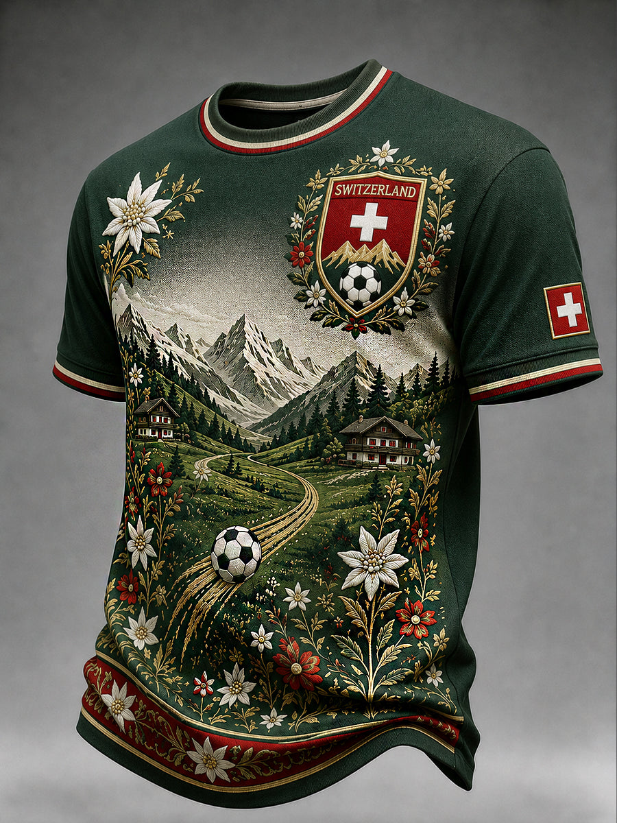 Retro-Fußball‑Casual‑Trikot im Schweizer Stil mit gesticktem Blumenmuster