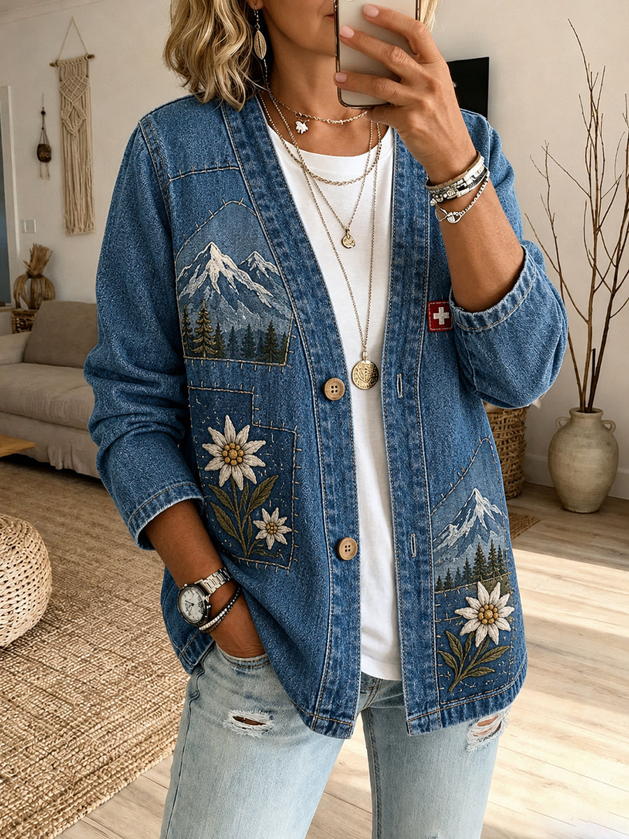 Damen-Denimjacke mit langen Ärmeln und Schneeberg-Landschaftsdruck