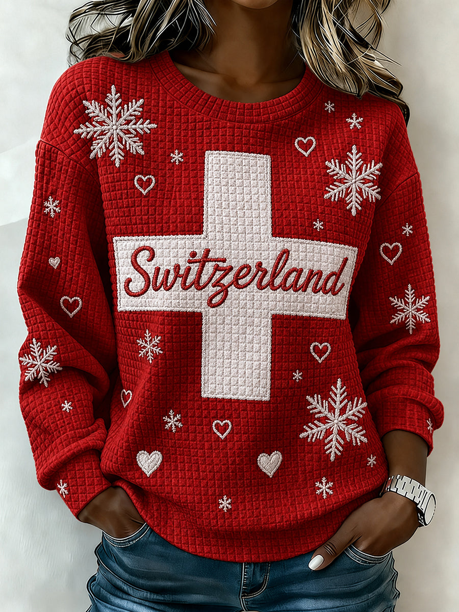 Damen-Waffelpullover mit langen Ärmeln und Schneeberglandschaftsdruck
