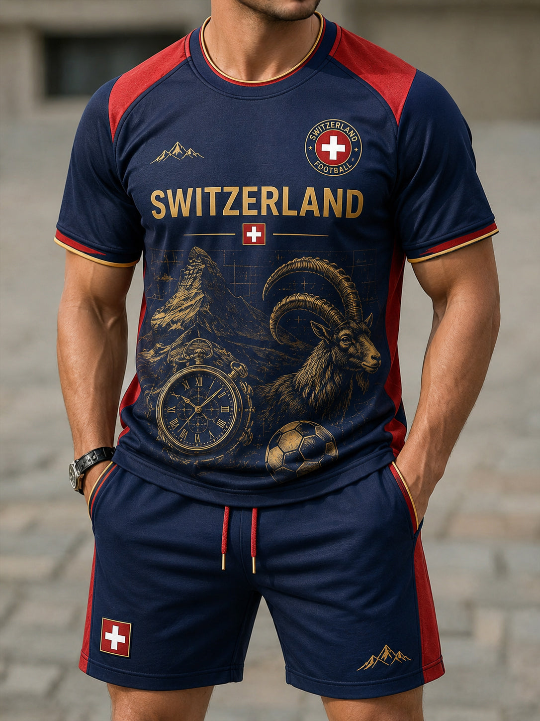 Herren-Set mit Fußballmotiv: Raglanärmel, Kurzarm und Shorts