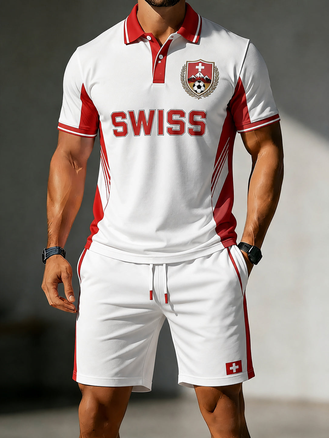 Herren-Poloshirt mit Fußball-Print und kurzen Ärmeln sowie passende Shorts im Set