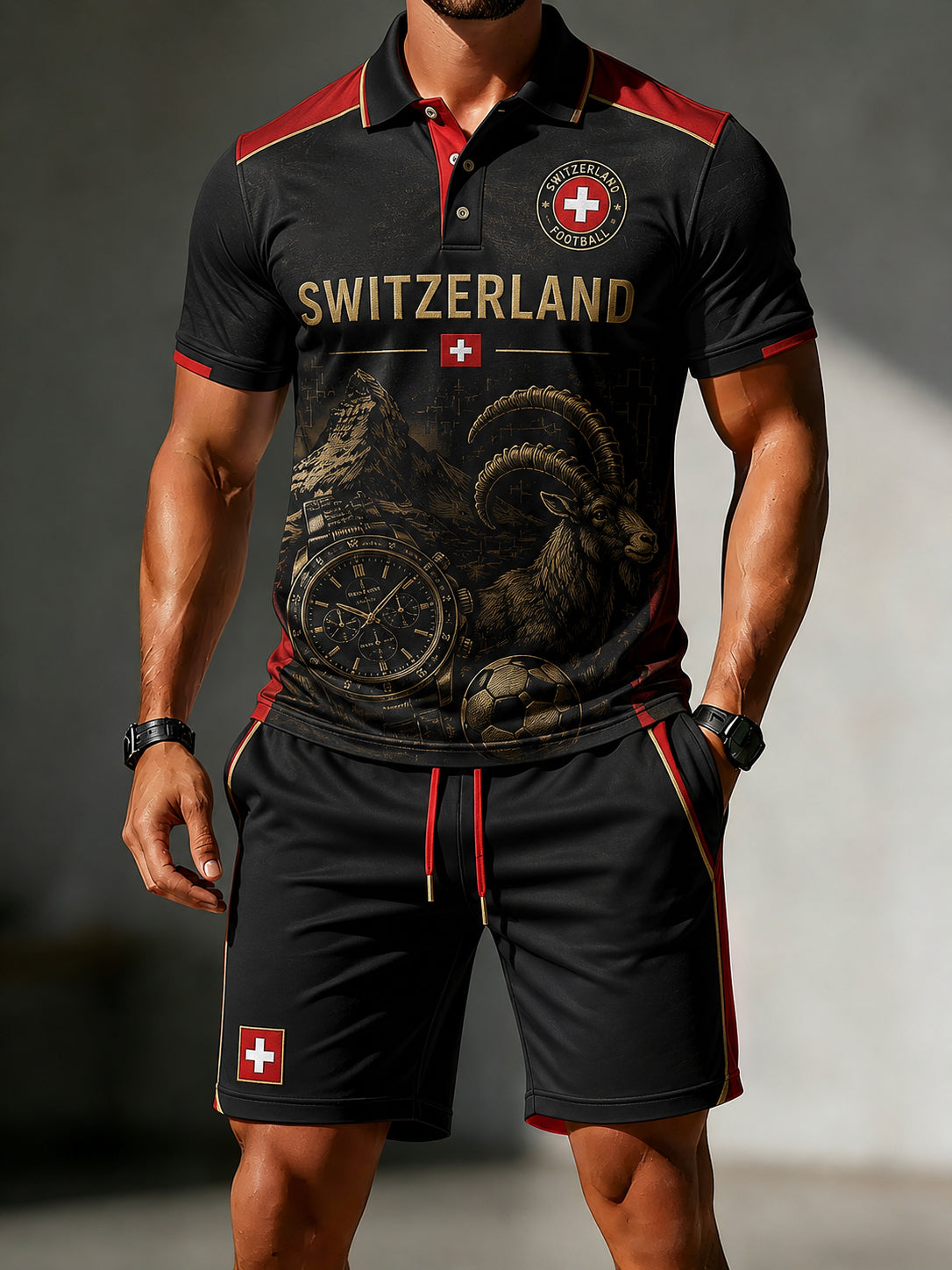Herren-Poloshirt mit Fußball-Print und kurzen Ärmeln sowie passende Shorts im Set