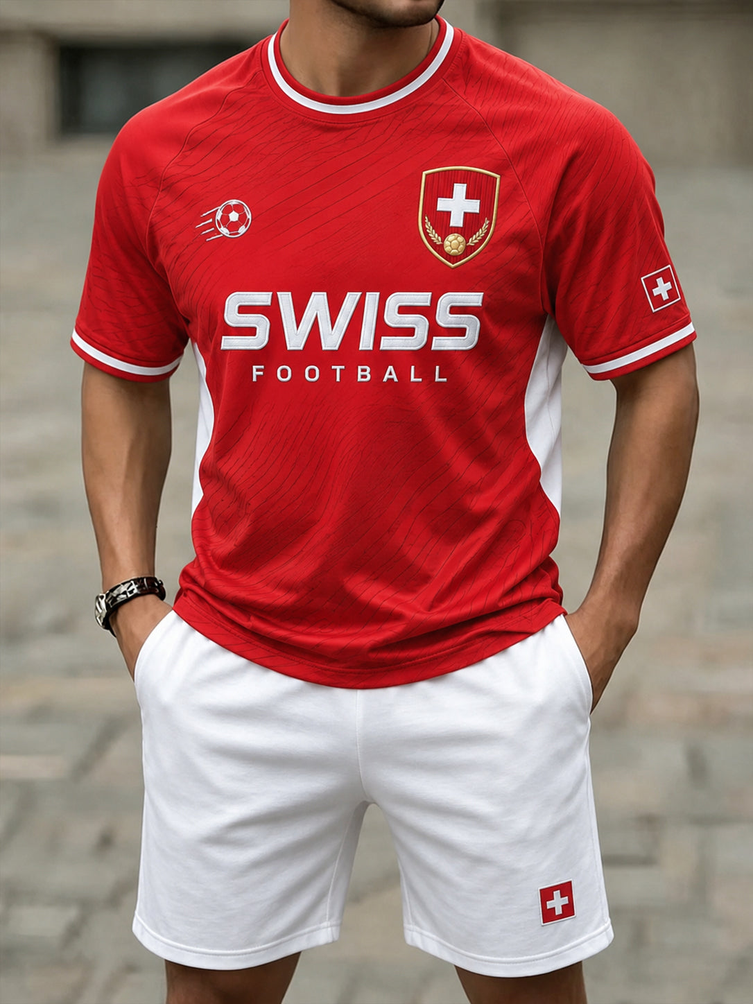 Herren-Trainingsanzug mit Fußballmotiv und Raglanärmeln, Kurzarm