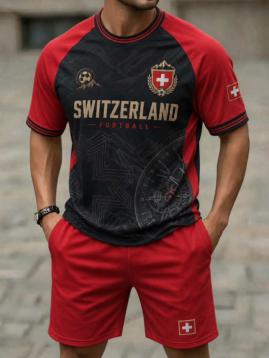 Herren-Trainingsanzug mit Fußballmotiv und Raglanärmeln, Kurzarm