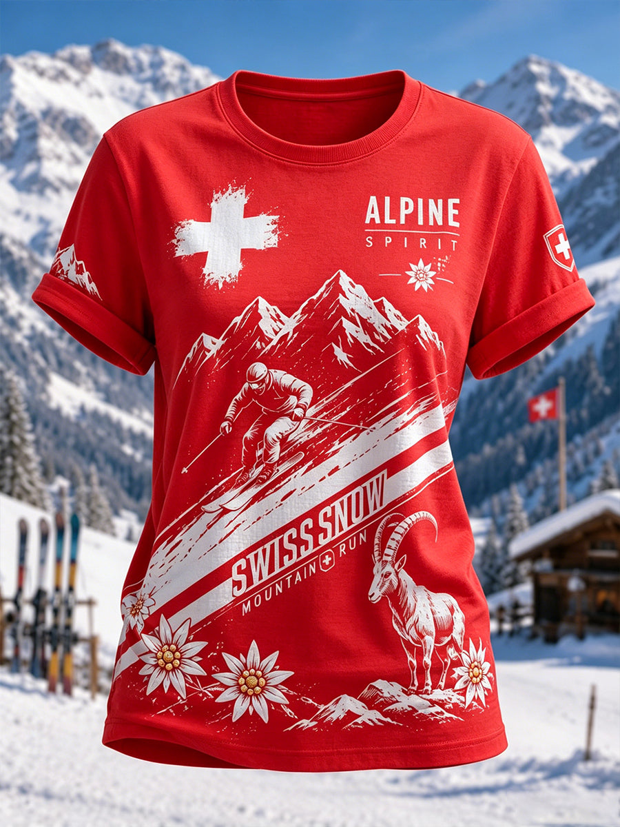 Frauen Ski Alpin Print Kurzarm T-Shirt