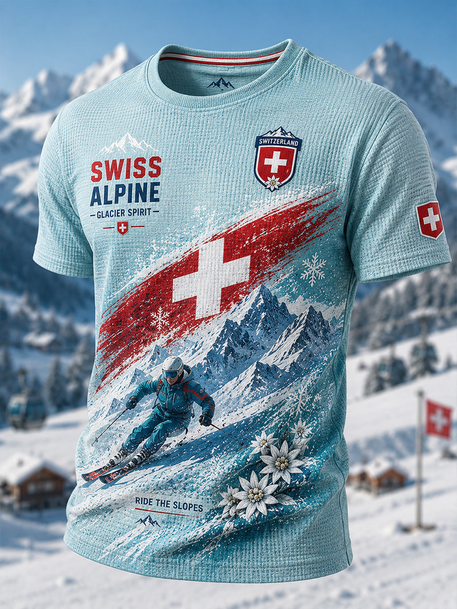 Herren-Casual-T-Shirt mit Skimotiv-Print, waffelformiger Struktur und kurzen Ärmeln