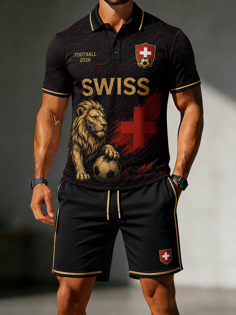 Herren-Fußball-Löwen-Print-Kurzarm-Polo-Shirt-Set