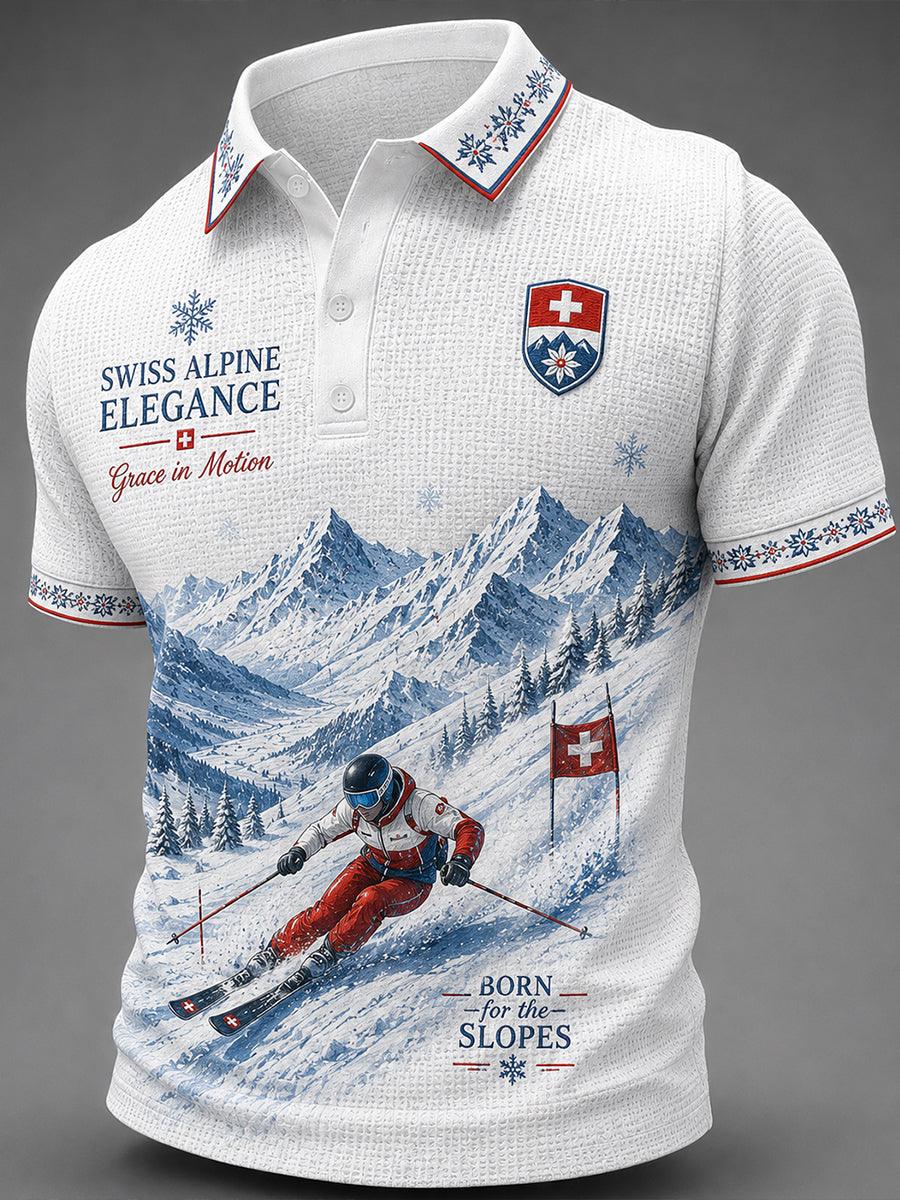 Herren-Skisport-Druck-Waffelpiqué-Poloshirt mit Kurzärmeln