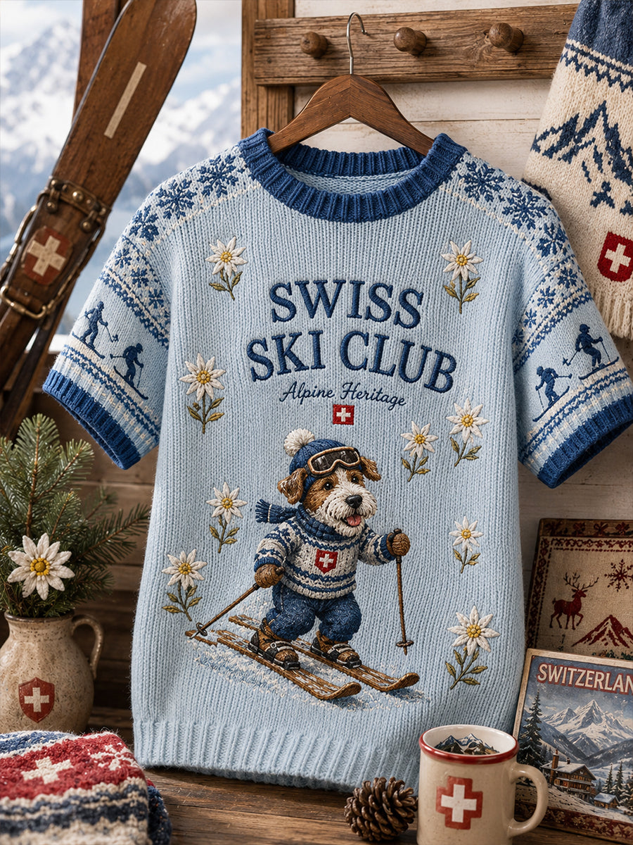 Damen-Strick-T-Shirt mit kurzem Ärmel im Ski-Stil