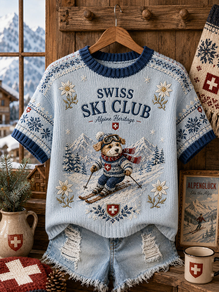 Damen-Stricktop mit Skimotiv und kurzen Ärmeln
