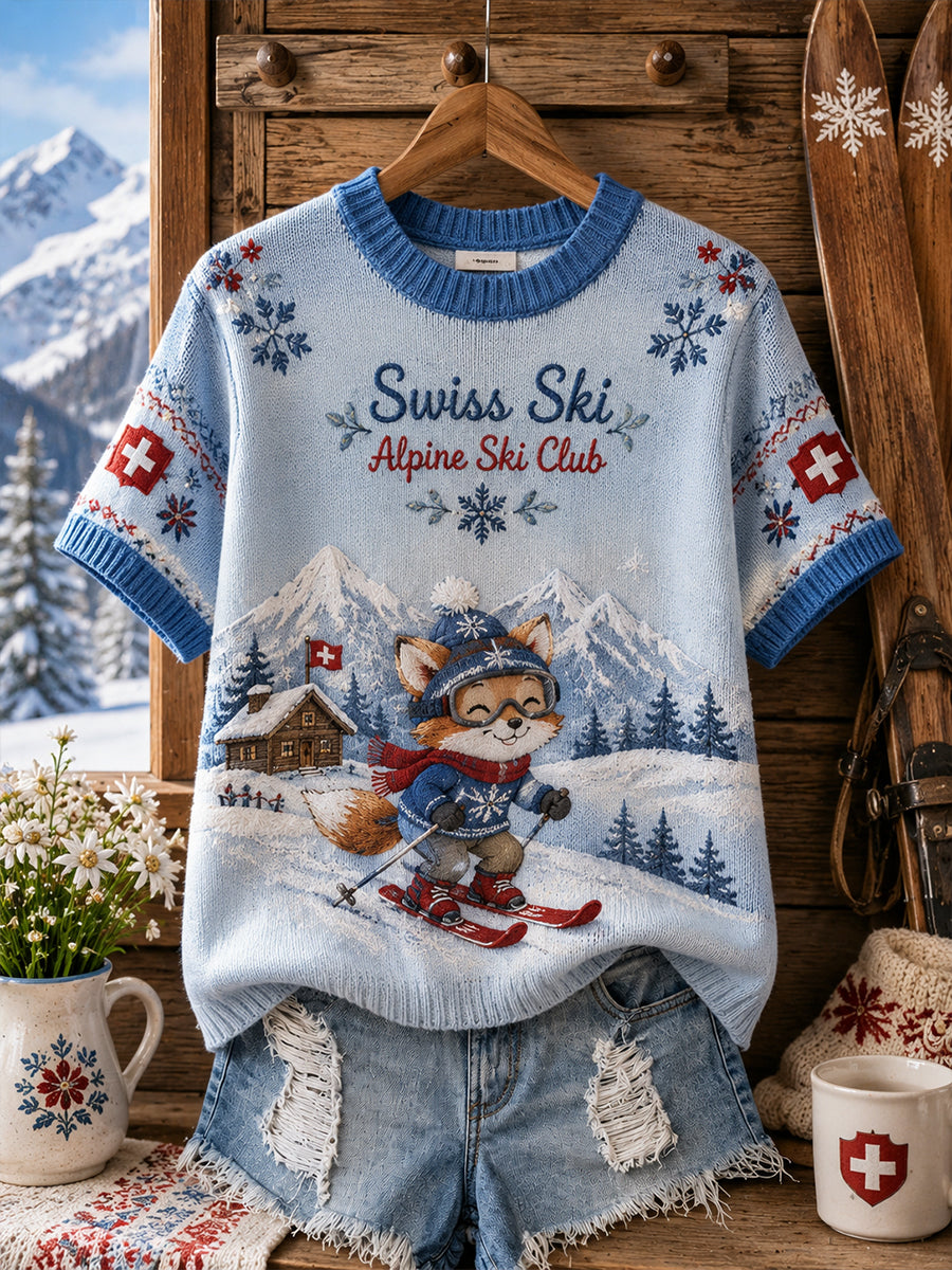 Damen-Kurzarm-Top mit Ski-Themen druck