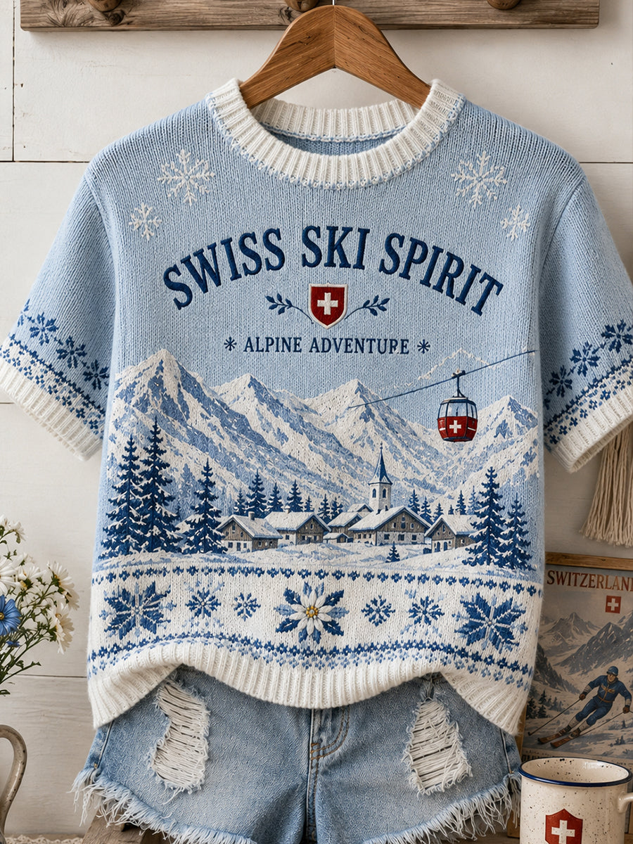 Damen-Stricktop mit Skimotiv und kurzen Ärmeln