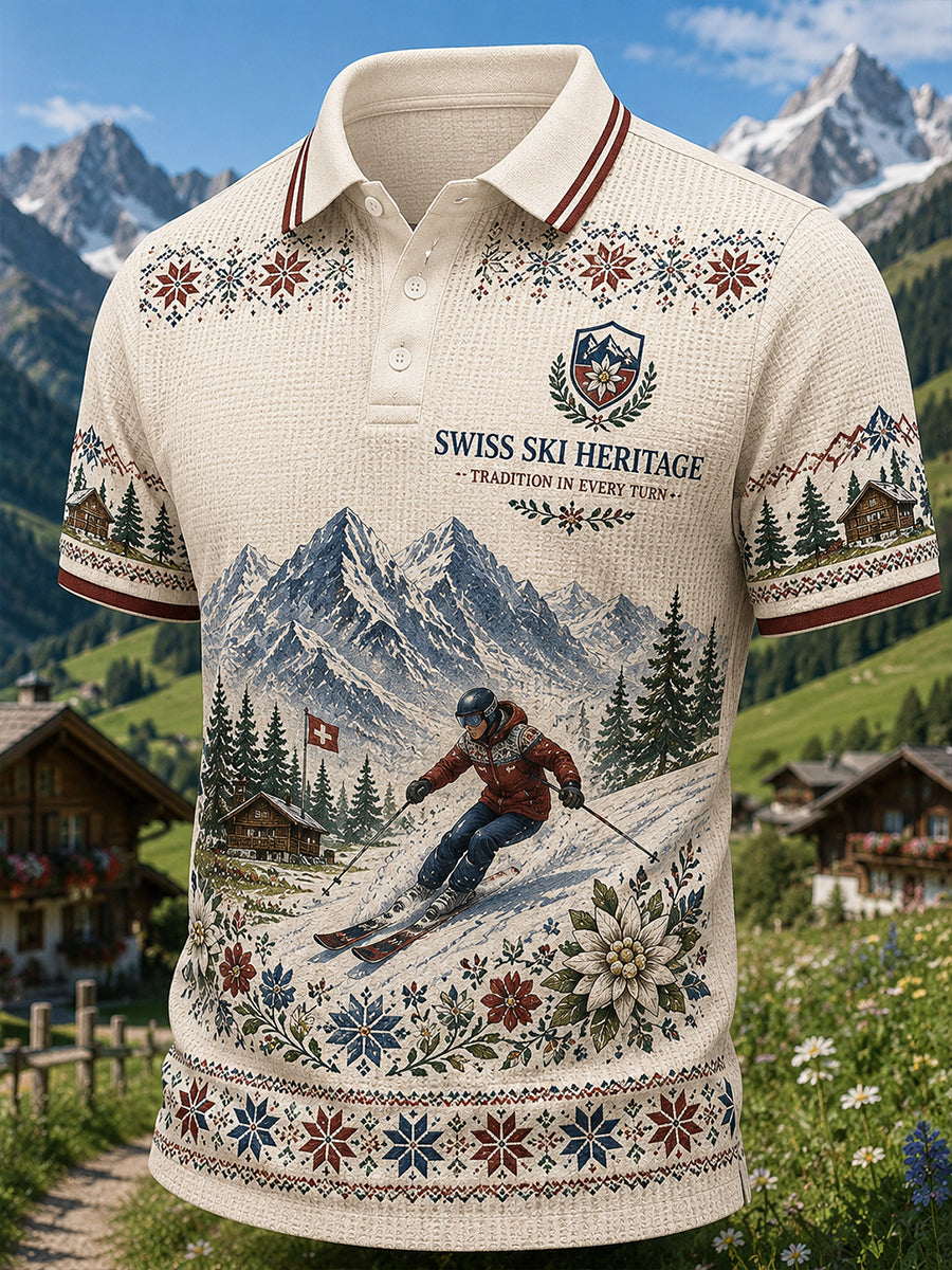 Herren-Ski-Kunstdruck Waffelkleid Kurzarm-Poloshirt