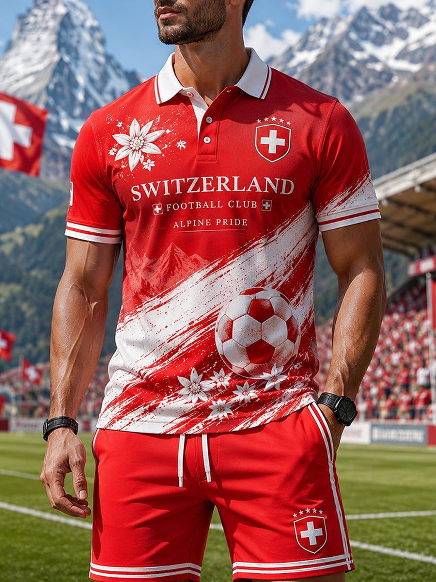 Herren Fußball-Themen bedrucktes sportliches Kurzarm-Polo-Shirt-Set