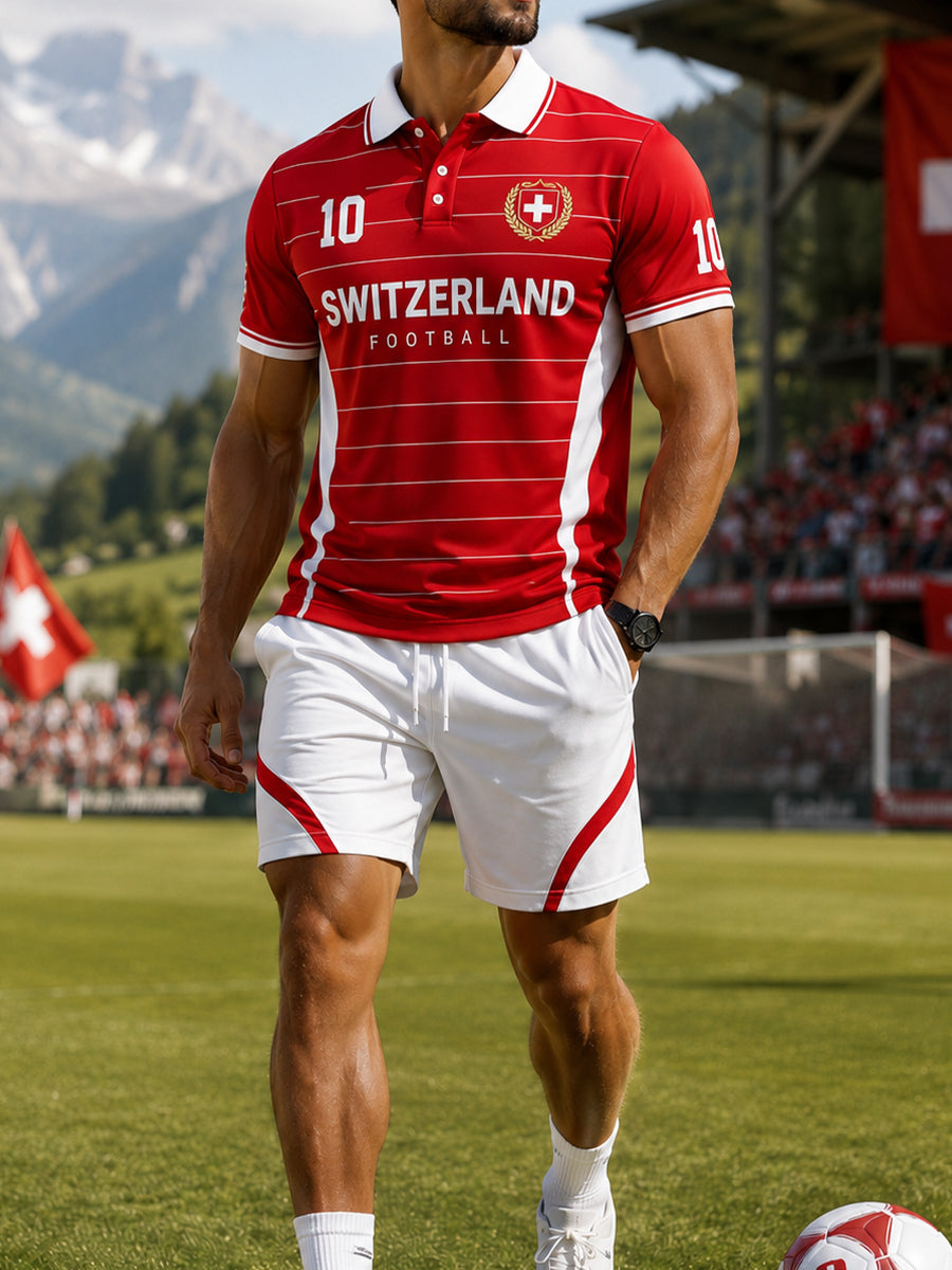 Sportliches Herren-Poloshirt-Set mit Fußballmotiv und kurzen Ärmeln