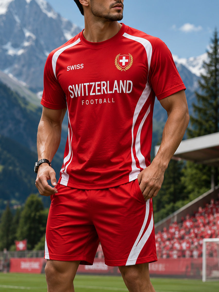 Kurzarm-T-Shirt-Set für Männer mit Fußball-Themen bedrucktes sportliches Raglan-Ärmel