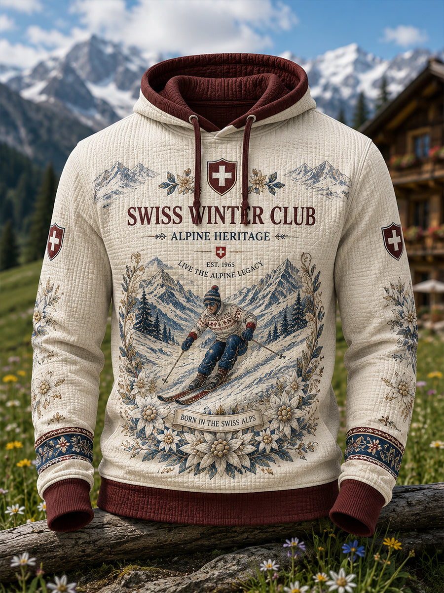 Herren-Kapuzenpullover aus Waffelpiqué mit Skimotiv