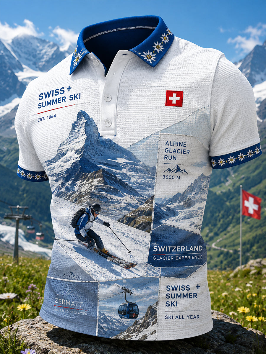 Herren-Poloshirt mit Ski-Motiv und kurzen Ärmeln