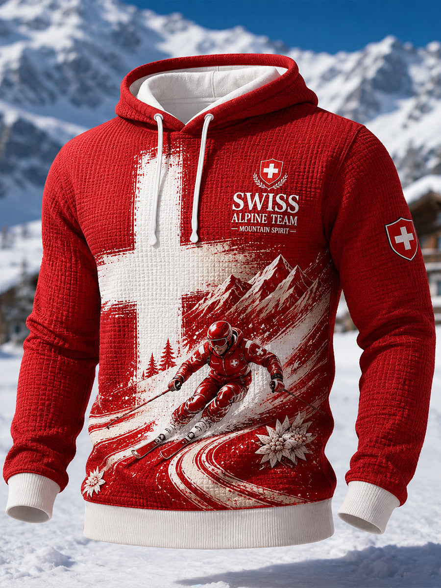 Herren-Kapuzenpullover aus Waffelpiqué mit Skimotiv