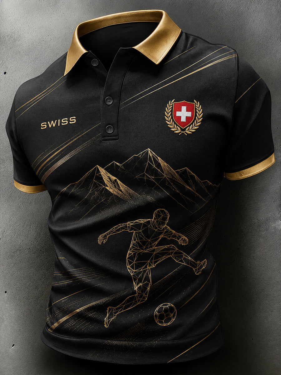 Herren-Poloshirt mit kurzen Ärmeln und Fußball-Print