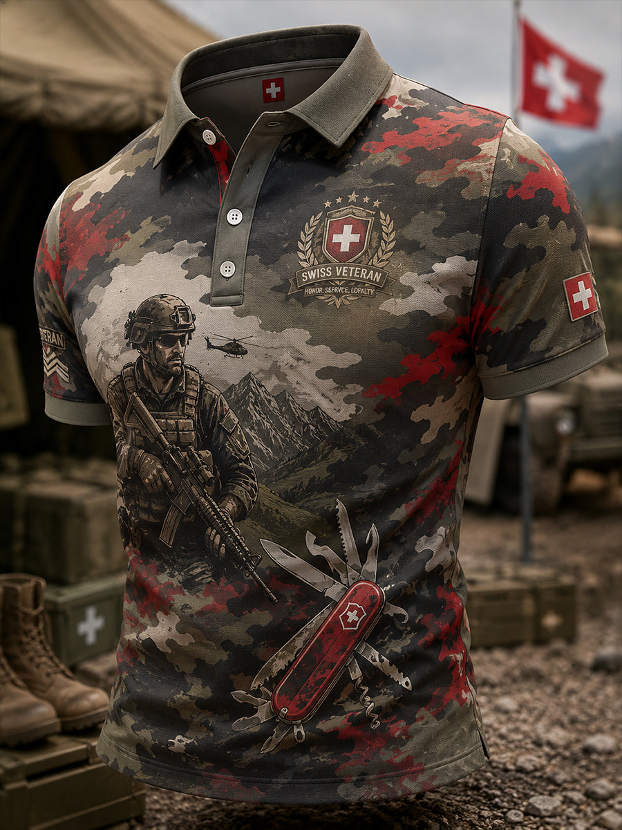 Herren-Poloshirt im Vintage-Stil mit kurzen Ärmeln und Camouflage-Print