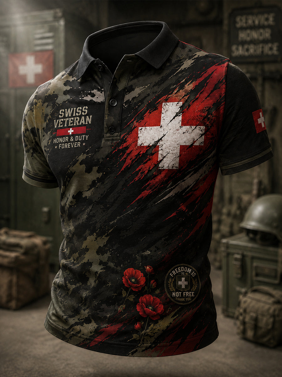 Herren-Poloshirt im Vintage-Stil mit kurzen Ärmeln und Camouflage-Print