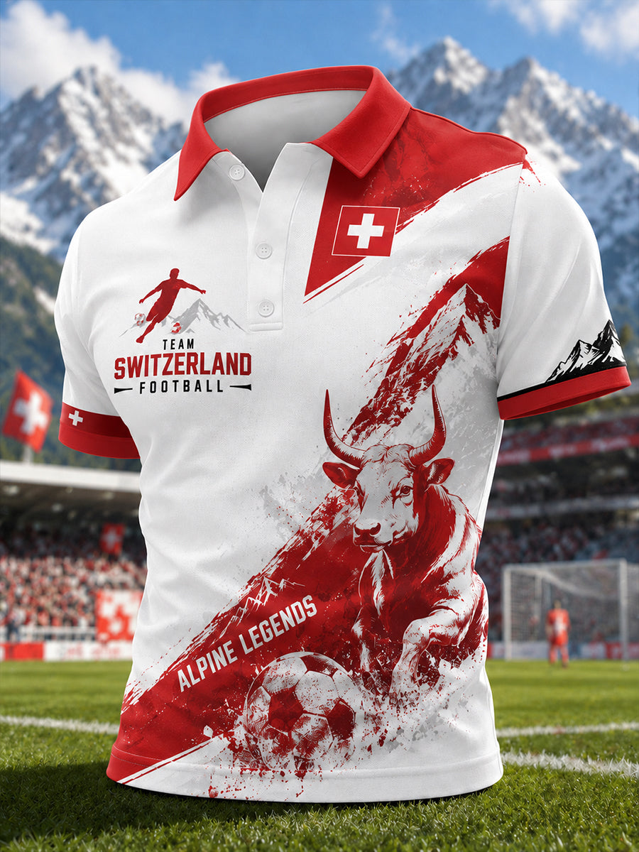 Herren-Poloshirt mit kurzen Ärmeln und alpinem, fußballinspiriertem Print