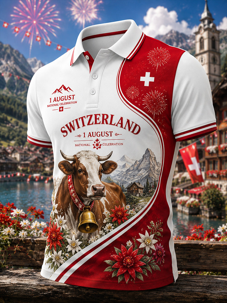 Herren-Poloshirt mit kurzen Ärmeln und Aufdruck zum Nationalfeiertag