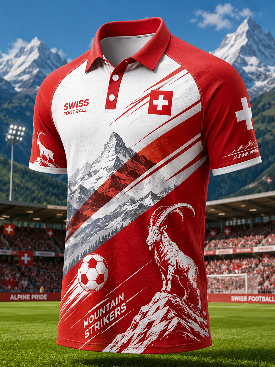 Kurzarm-Raglan-Polo-Shirt für Männer mit alpinem Fußball-inspirierten Print