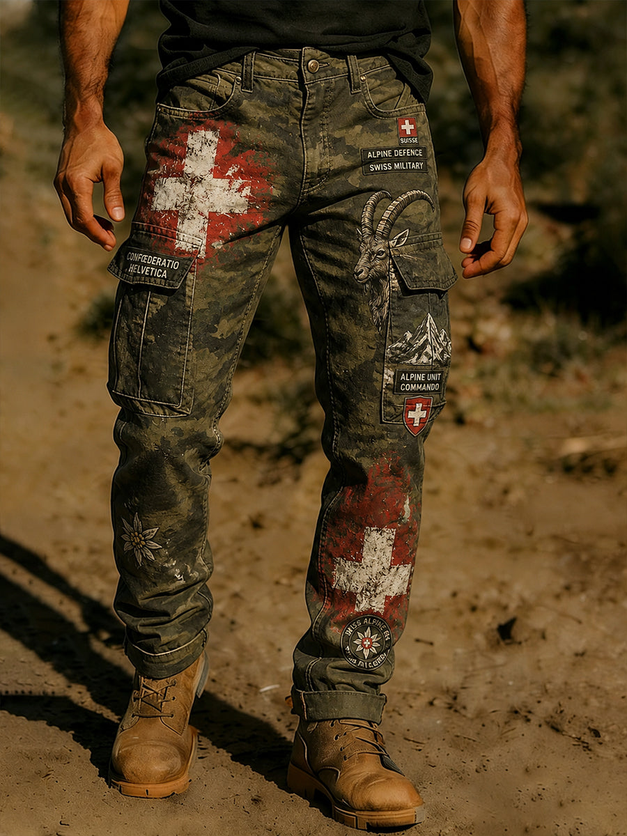 Lange Herren-Cargohose mit militärischem Camouflage-Print