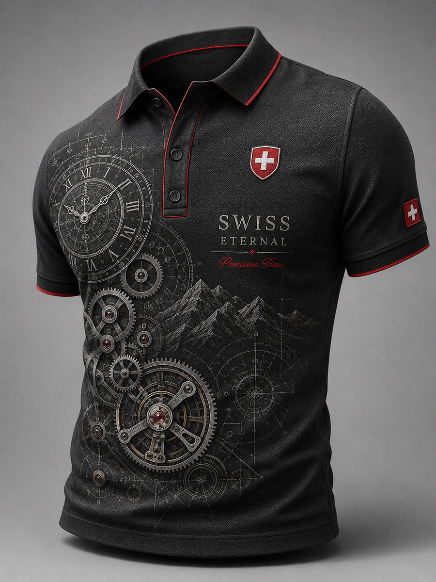 Herren-Poloshirt mit kurzen Ärmeln und Vintage-Uhr-Print