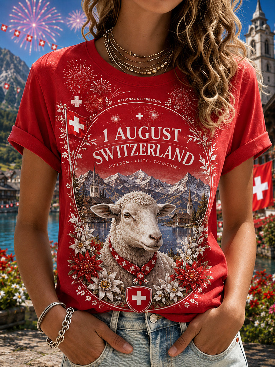 Damen-T-Shirt mit kurzen Ärmeln und Aufdruck zur Feier des Nationalfeiertags
