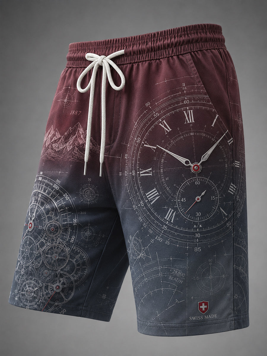 Lässige Herren-Shorts mit Vintage-Print im Uhrendesign