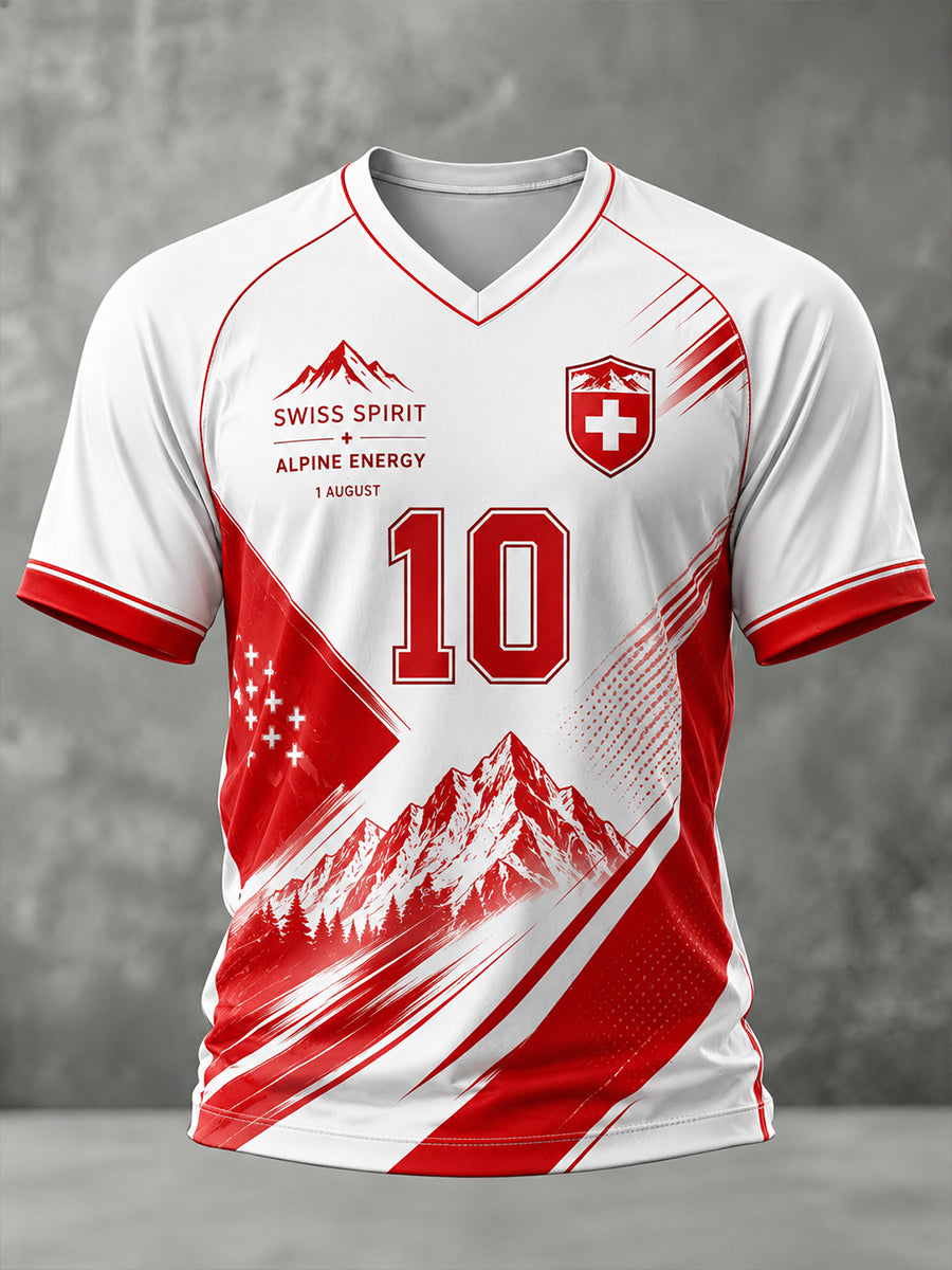 Herren-T-Shirt mit V-Ausschnitt, kurzen Raglanärmeln und nationalen Motiven zum Nationalfeiertag