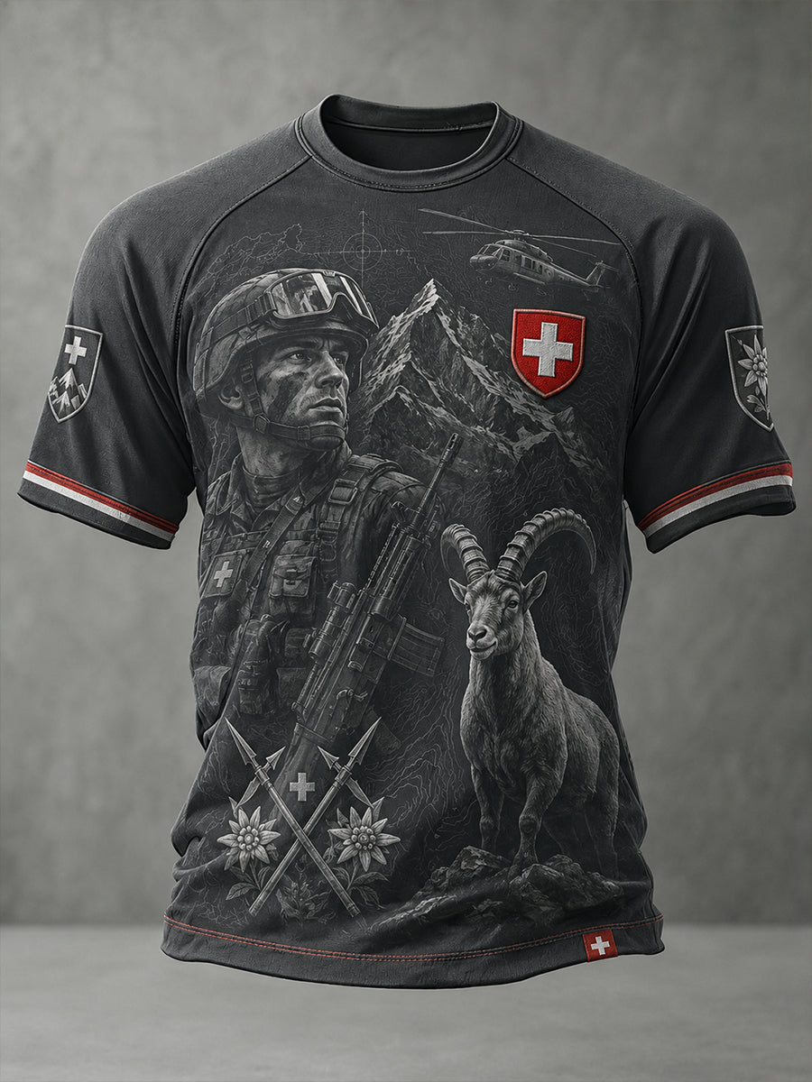 Herren-Vintage-Raglan-T-Shirt mit alpenländischem Militär-Print und kurzen Ärmeln