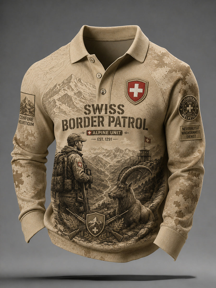 Herren-Vintage-Camouflage-Poloshirt im Militärstil mit Raglanärmeln und Langarm