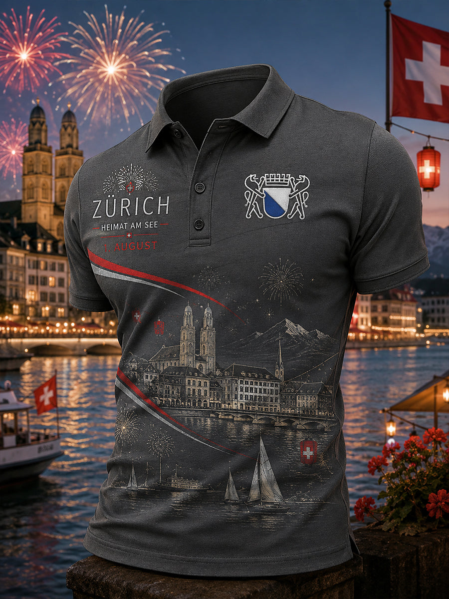 Grafisches Kurzarm-Poloshirt zur Feier des Nationalfeiertags der Männer