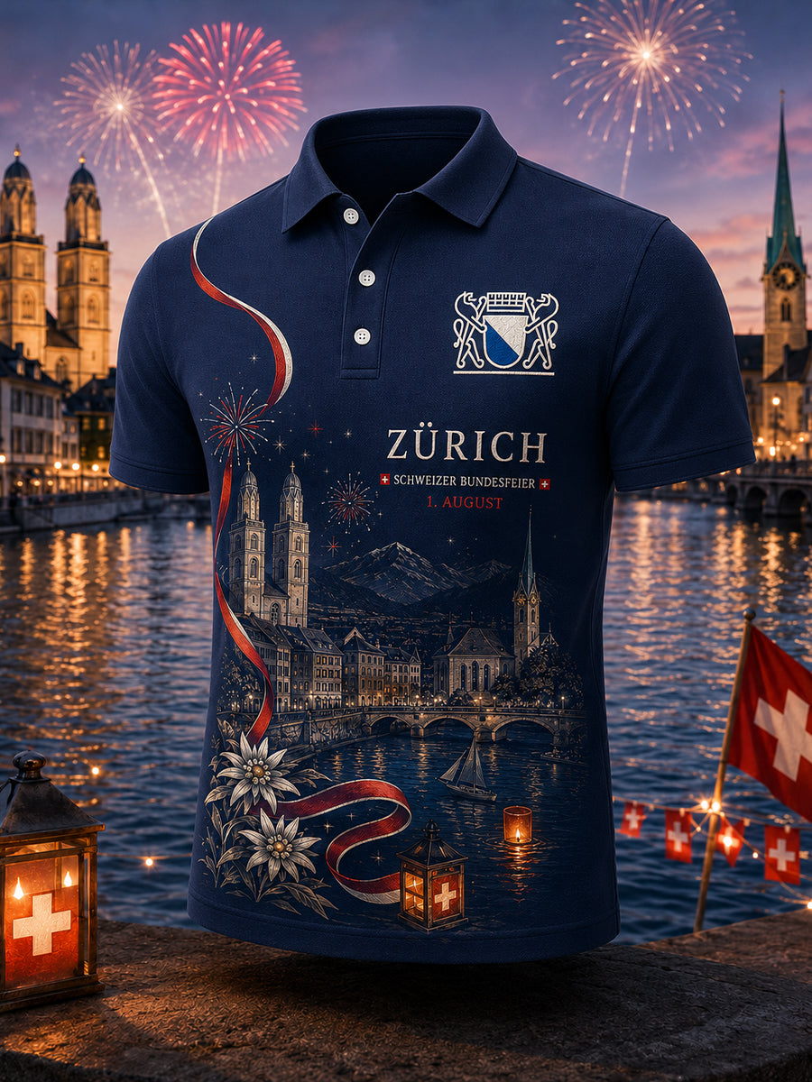 Grafisches Kurzarm-Poloshirt zur Feier des Nationalfeiertags der Männer
