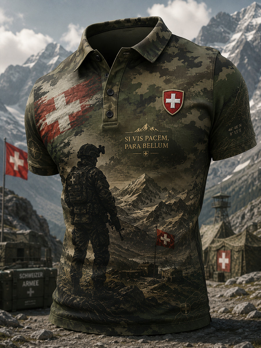 Herren-Poloshirt mit kurzen Ärmeln und militärstilvollem Print