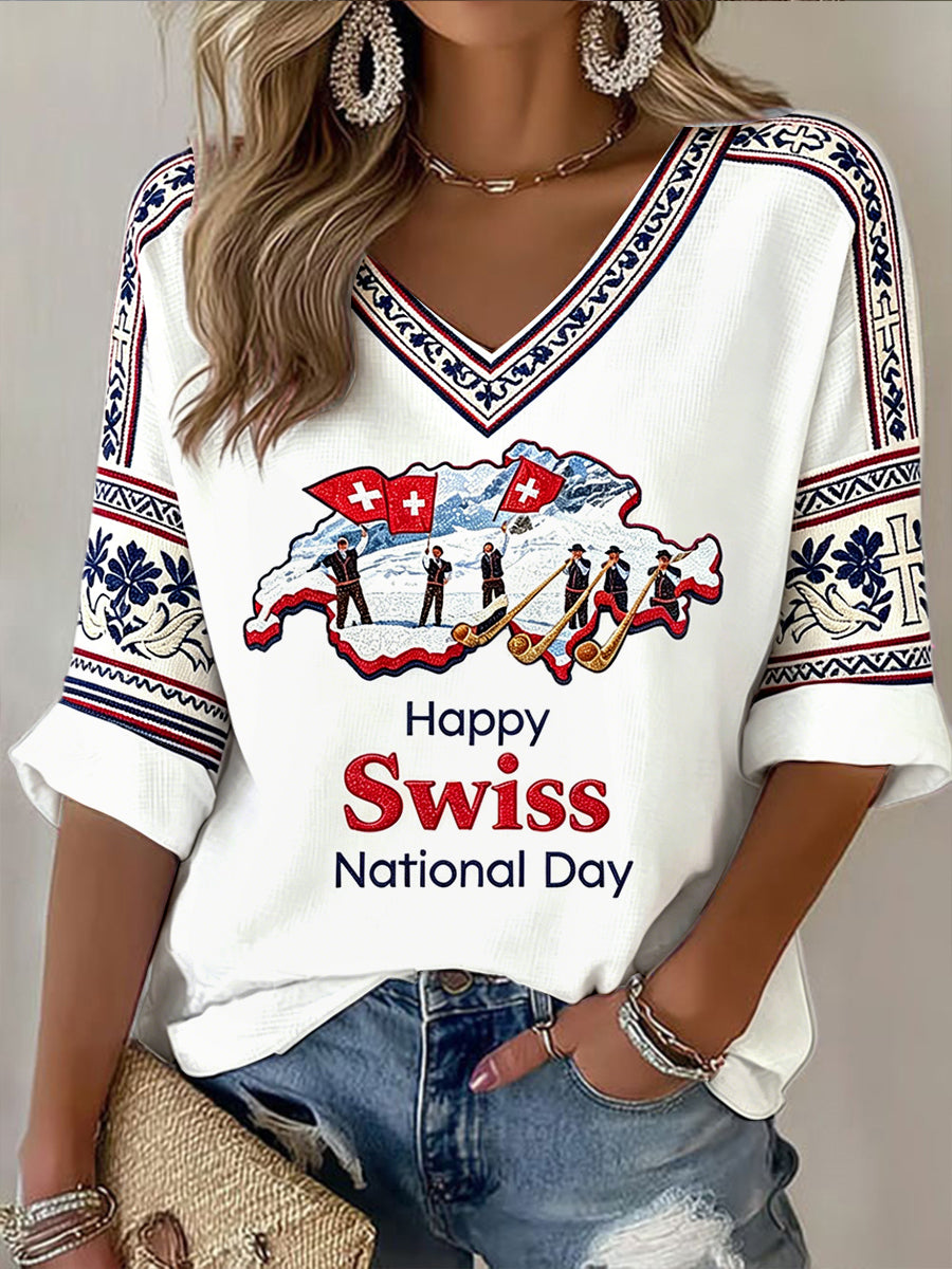 Damen-T-Shirt mit Schweizer Nationalfeiertags-Print, lässig, V-Ausschnitt