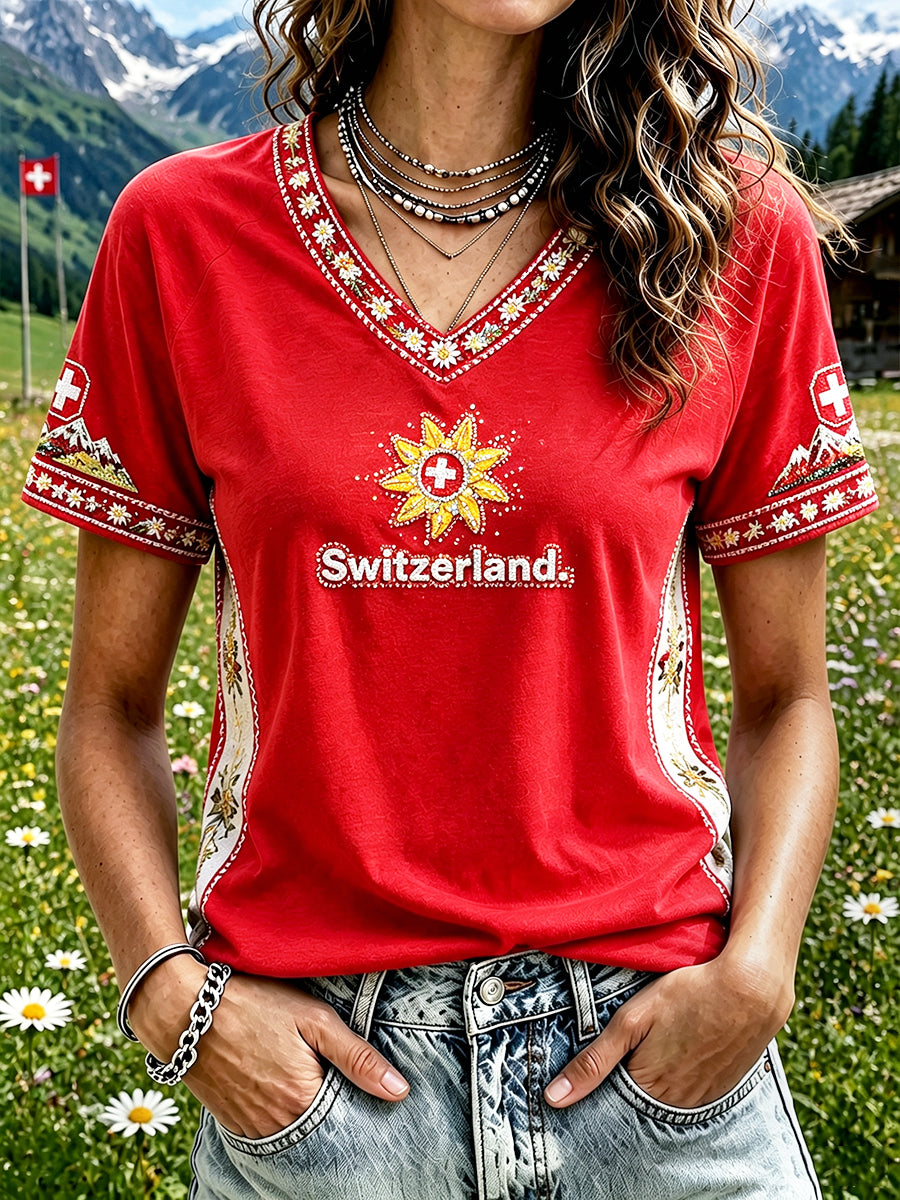 Damen-Rotes Freizeit-T-Shirt mit Blumen-Patchwork-Print und V-Ausschnitt zum Schweizer Nationalfeiertag