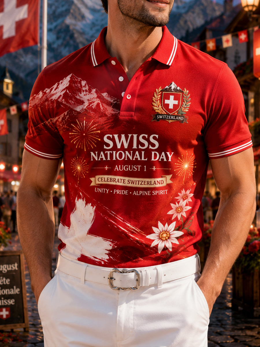 Herren-Poloshirt mit kurzen Ärmeln und Aufdruck zum Nationalfeiertag