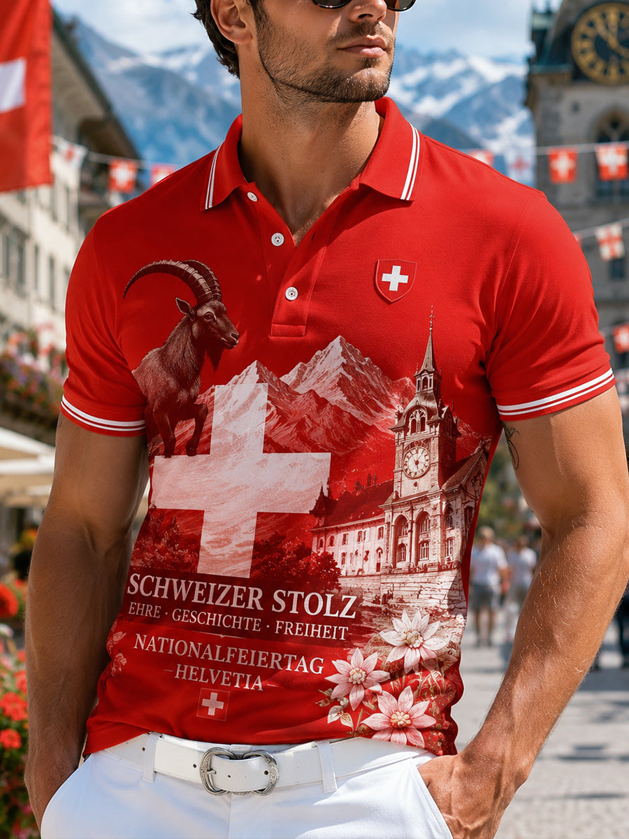 Grafisches Kurzarm-Poloshirt zur Feier des Nationalfeiertags der Männer