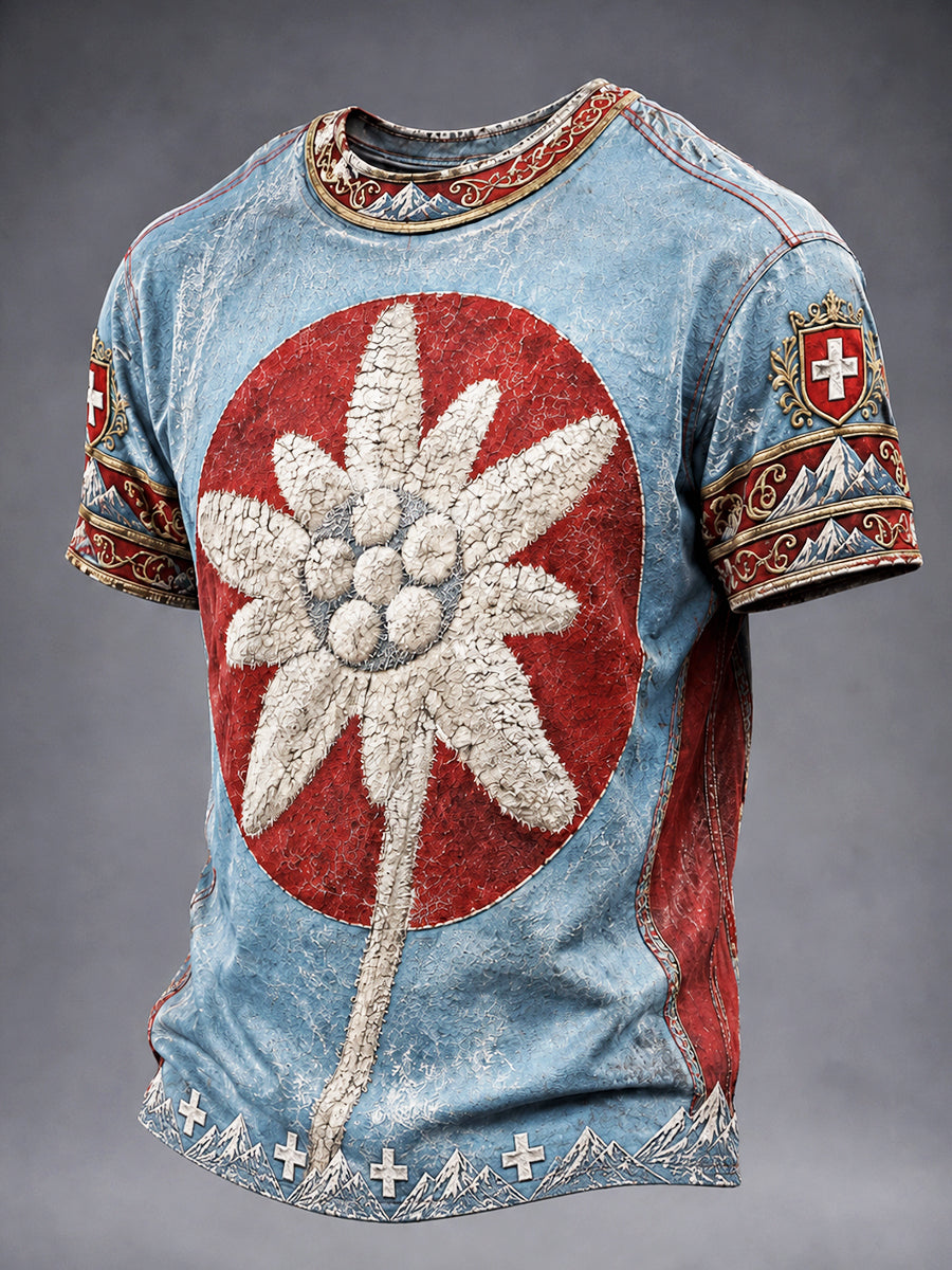 Herren Blau Vintage Schweizer National feiertag Blumen druck Freizeit T-Shirt