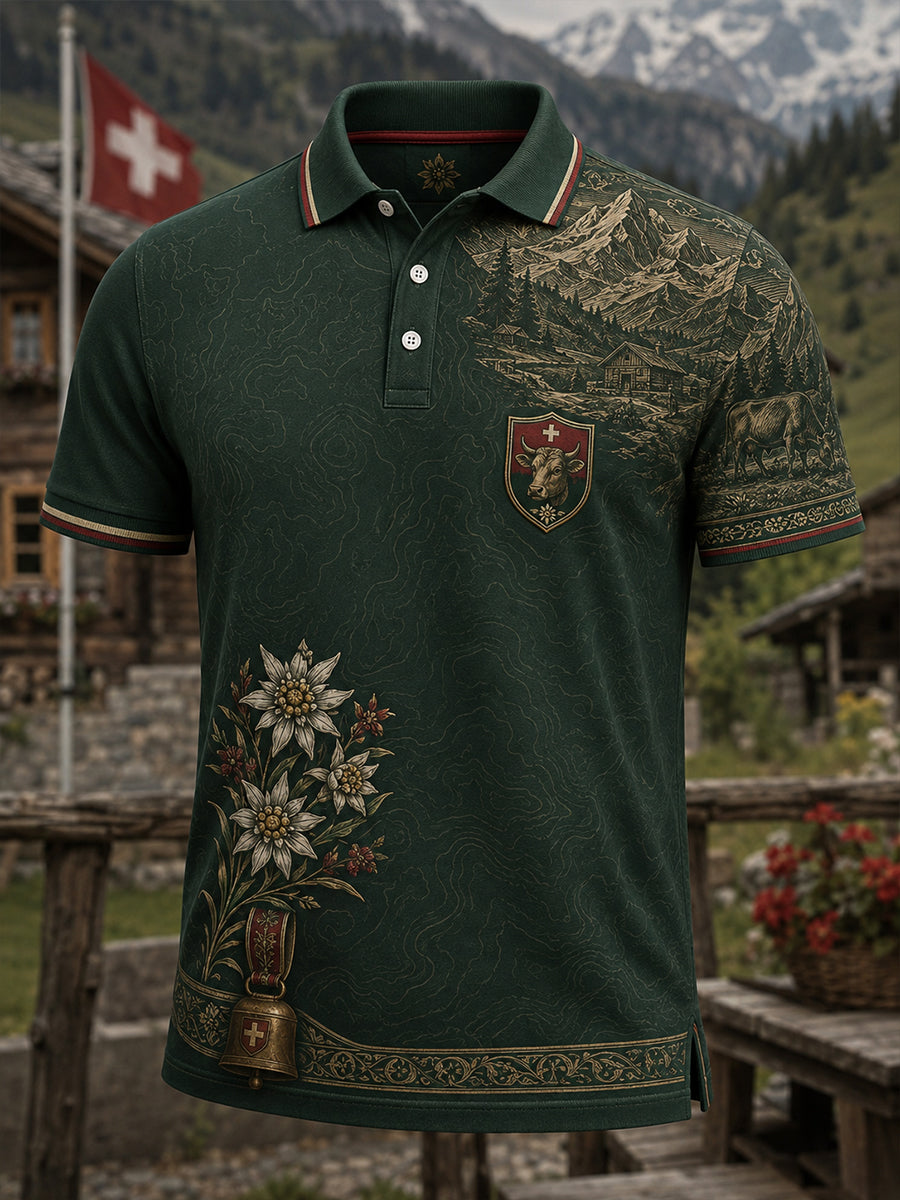Herren-Polo mit Kunstdruck zum Gedenken an das Schweizer Alpen-Hirtenfest