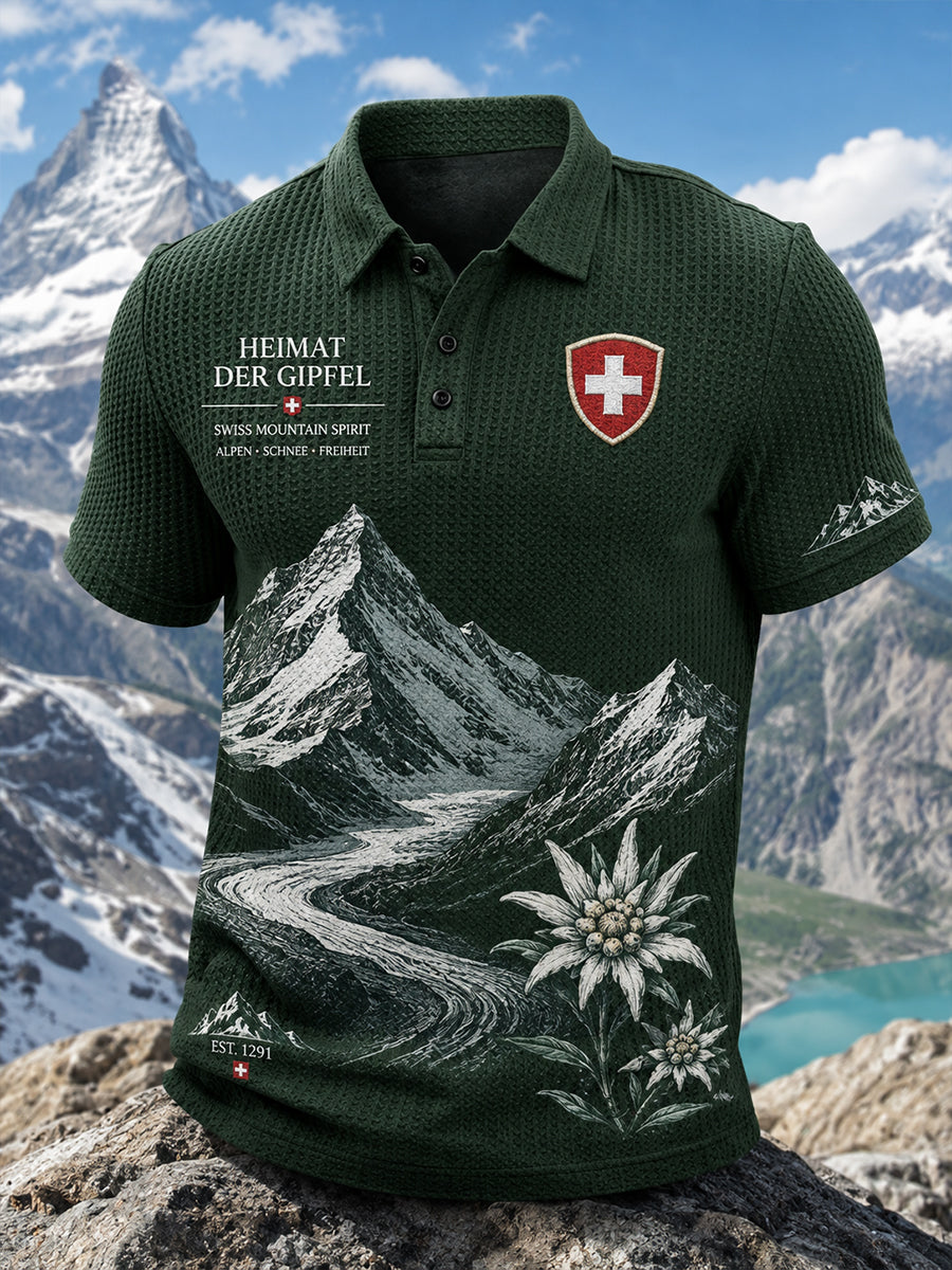 Herren-Poloshirt aus Waffelstrick mit kurzen Ärmeln und Schneeberg-Print